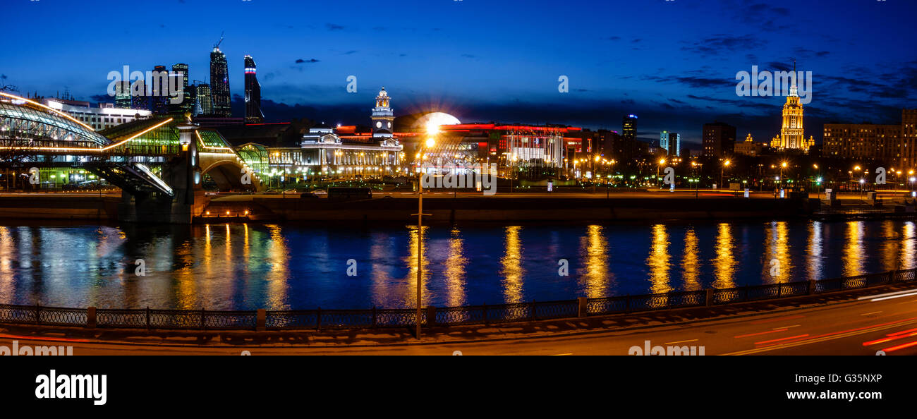 Nighttime panoramic view to Kiev Railway Station and modern Moscow City in Moscow, Russia Stock Photo