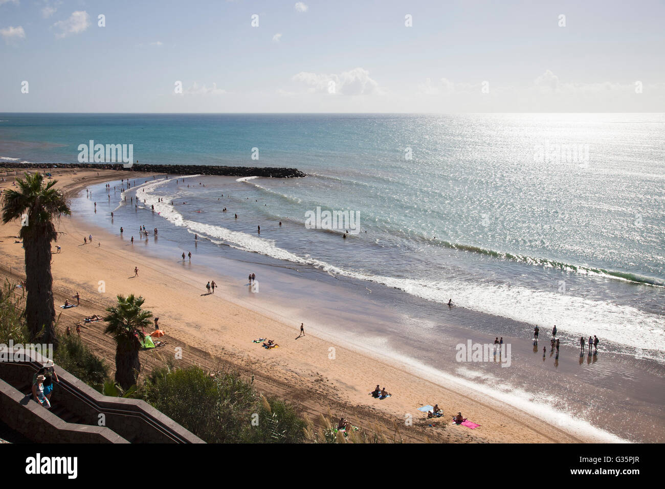 Maspalomas, promenade and Playa del Ingles, Gran Canaria island, Canary archipelago, Spain, Europe Stock Photo