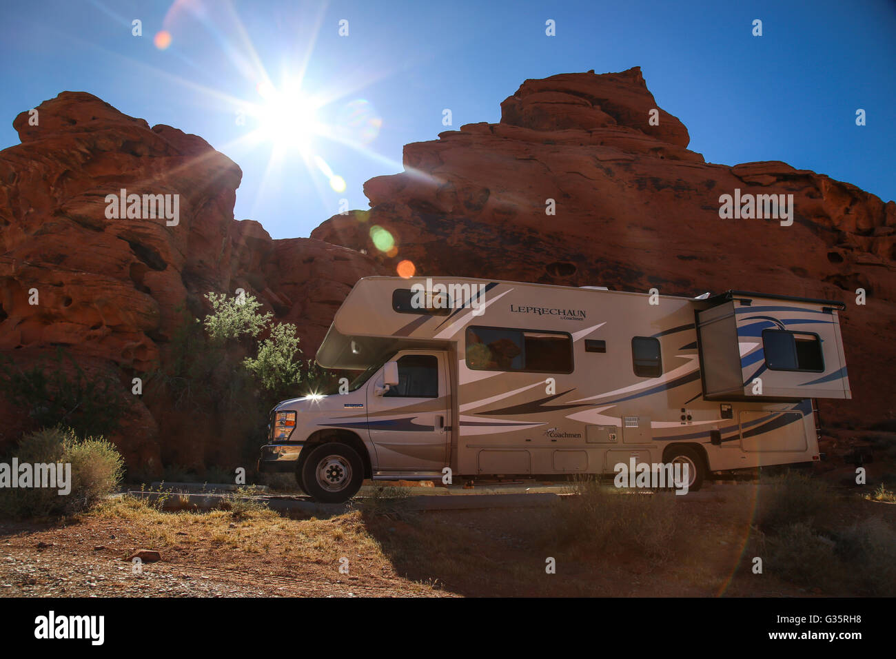 Parked Camper in Nevada Desert Stock Photo