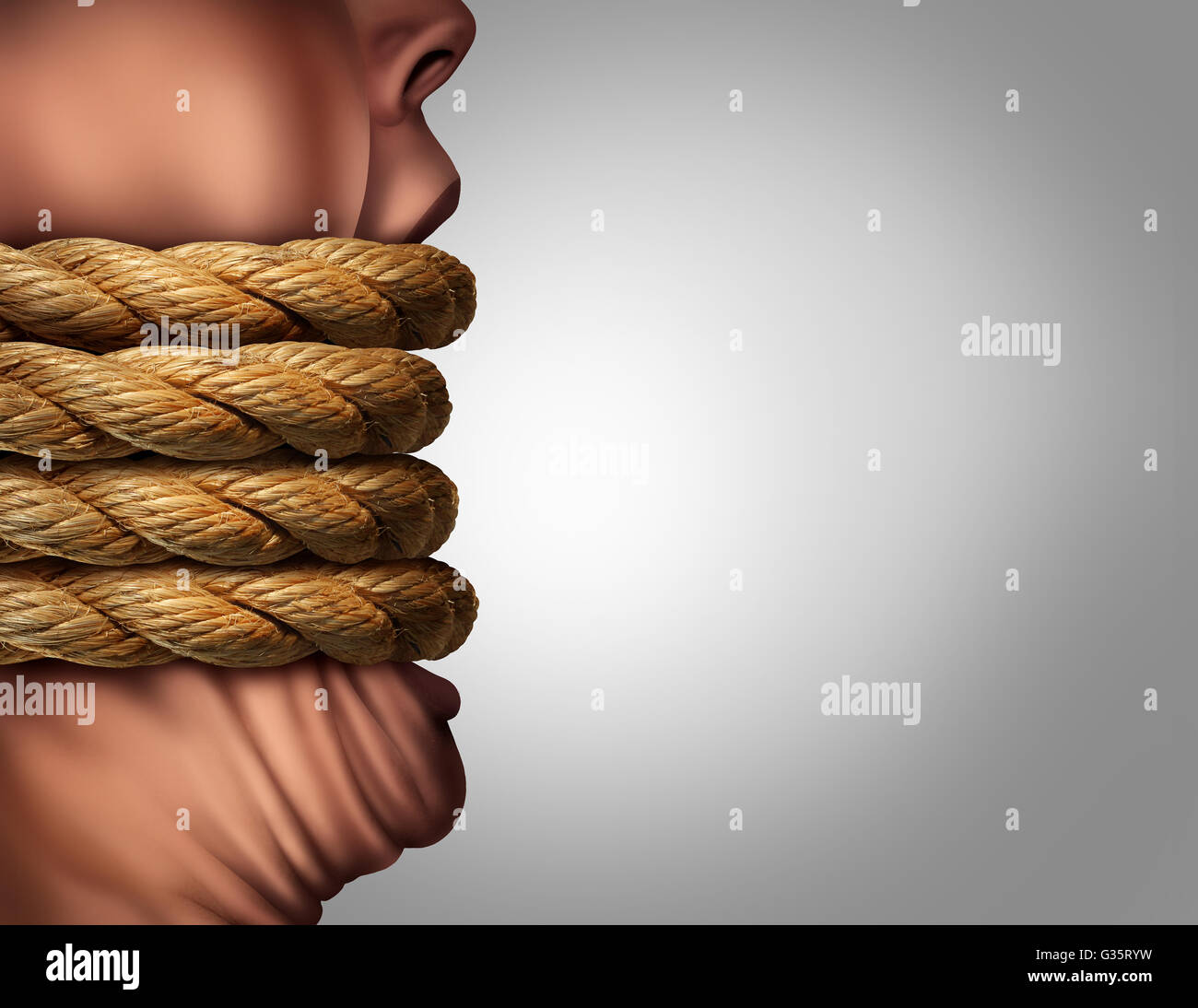Kidnapped hostage abduction concept as a person with a big mouth tied with ropes as a censorship and suppression metaphor for communication problem in a photo realistic 3D illustration style. Stock Photo