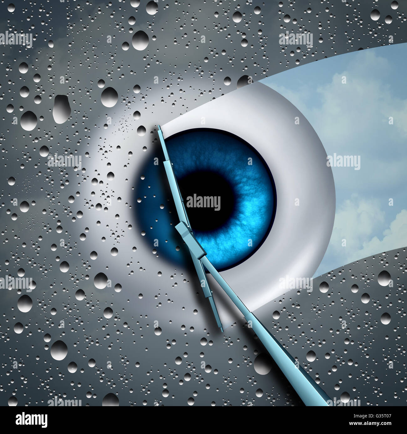 Eye care or eyecare health concept as a wet glass in front of an eyeball being wiped clean with a wiper as a optometry or ophthalmology medicine symbol with 3D illustration elements. Stock Photo