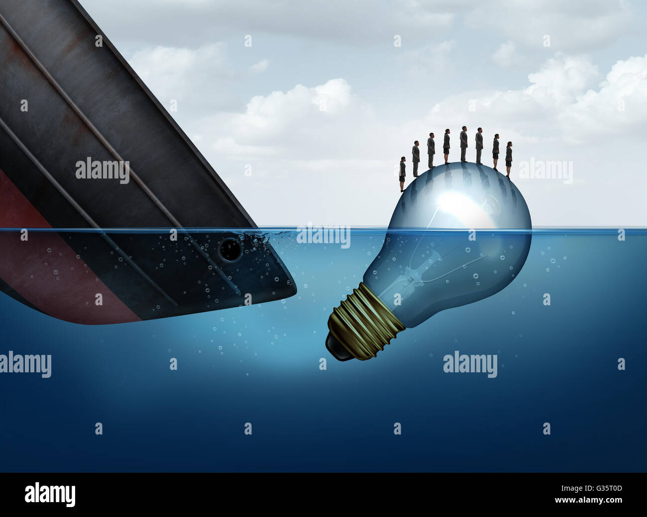 Business rescue solution as a sinking ship and a floating lightbulb rescuing businesspeople as an insurance metaphor for surviving tough times as a group with 3D illustration elements. Stock Photo