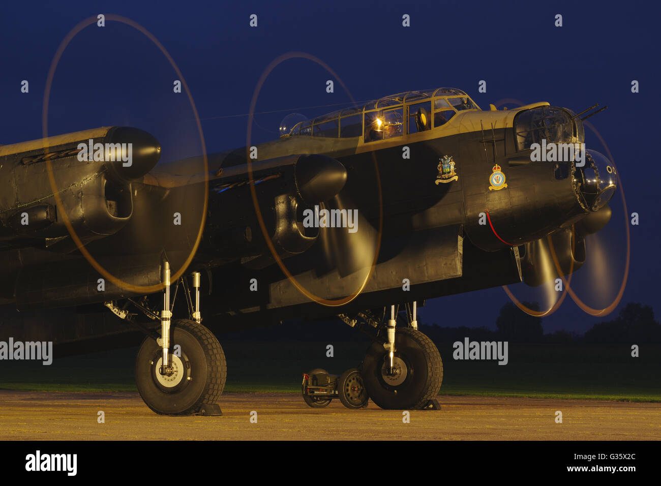 Avro Lancaster B.VII Just Jane. NX611 Night Time Engine Run at East Kirkby Stock Photo