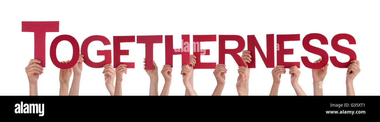 Many People Hands Holding Red Straight Word Togetherness Stock Photo ...