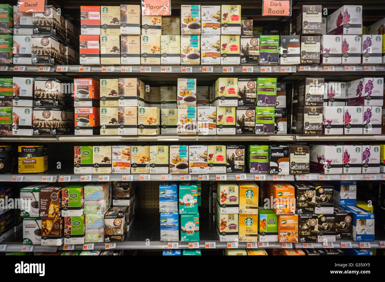 A selection of Keurig coffee and tea pods from various brands in a store in New York on Sunday, June 5, 2016. (© Richard B. Levine) Stock Photo