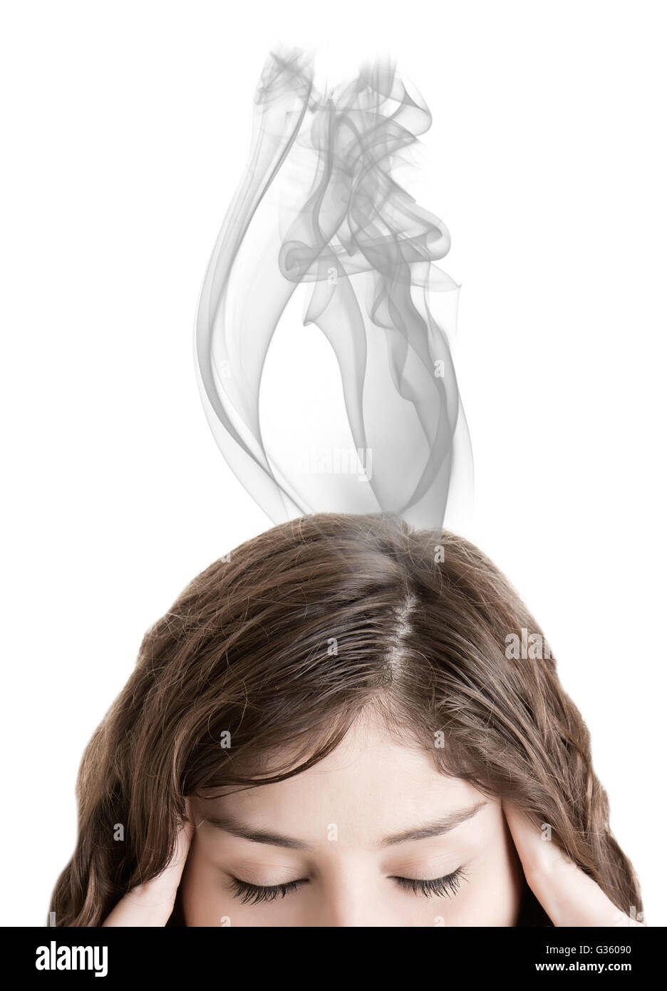 Woman suffering from an headache, with smoke coming off her head, isolated in white Stock Photo