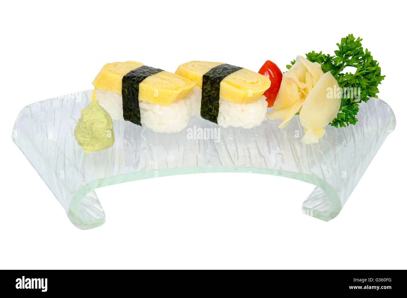 Tamago sushi. Tamago yaki is sushi using an egg, like a sushi omelette ...