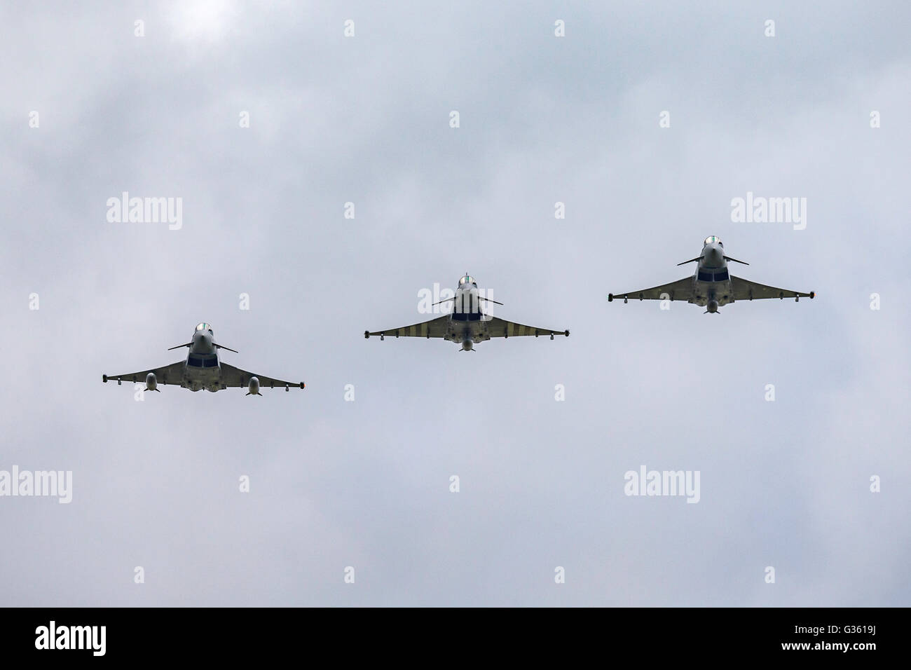 Three Royal Air Force (RAF) Eurofighter EF-2000 Typhoons form RAF Coningsby in formation Stock Photo