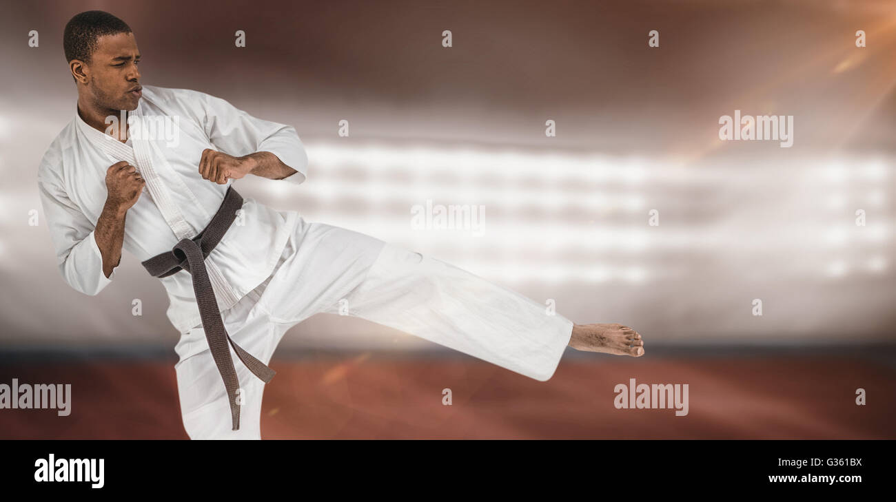 Composite image of fighter performing karate stance Stock Photo