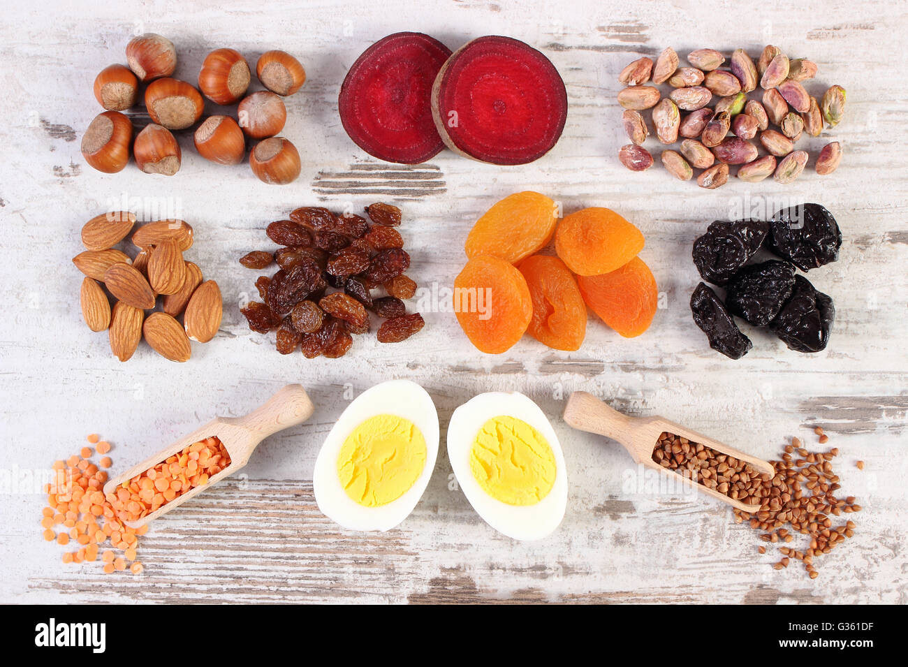 Ingredients and product containing iron and dietary fiber, natural sources of ferrum, healthy lifestyle and nutrition Stock Photo