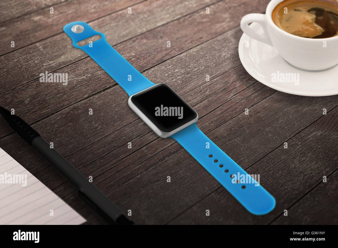 Smartwatch with blank screen for mockup. Isometric view. Cup of coffee beside on table. Stock Photo