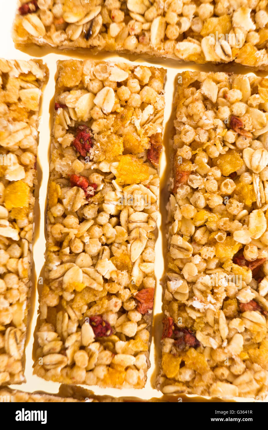 muesli bars with dried fruit on isolated background Stock Photo Alamy