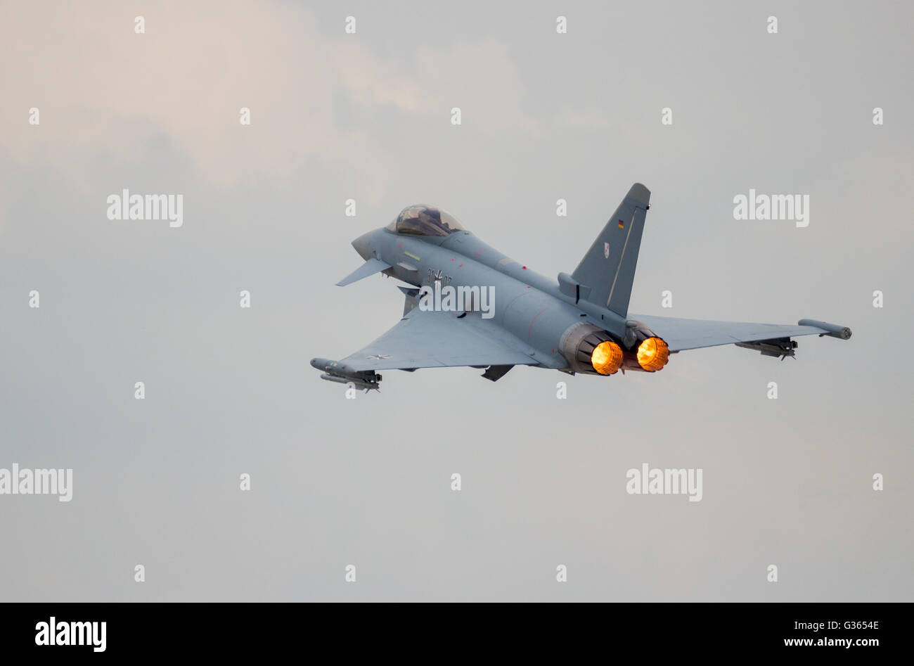 German Air Force Eurofighter Typhoon afterburner take off from Berlin-Schoneveld airport. Stock Photo