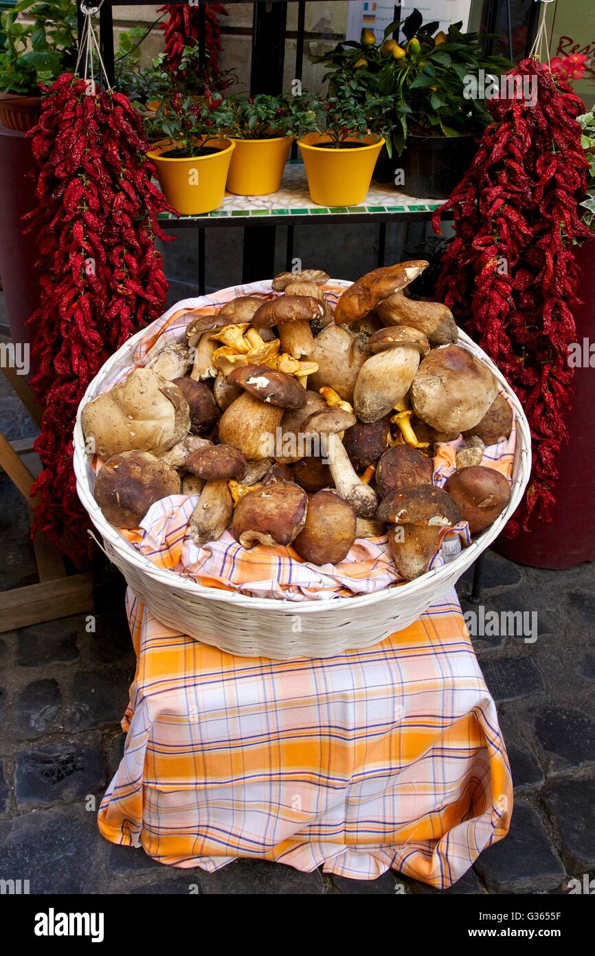 Porcini mushrooms and red chillies outside restaurant, Rome, Italy, Europe Stock Photo