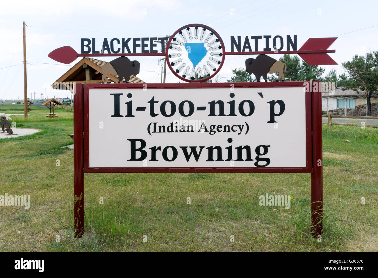 Blackfeet Nation sign at Browning, Montana. Stock Photo
