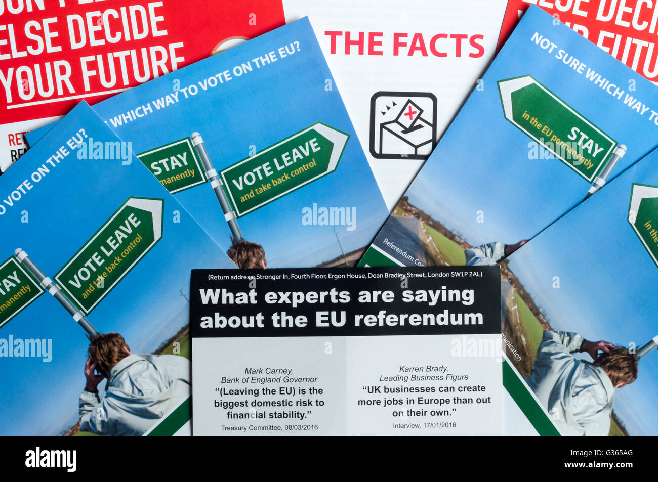 A selection of leaflets sent to each household with information about the European Referendum of 2016. Stock Photo