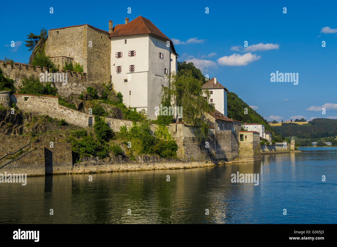 Riverside medieval fortified architecture on the Danube in Passau, Lower Bavaria, Germany. Stock Photo