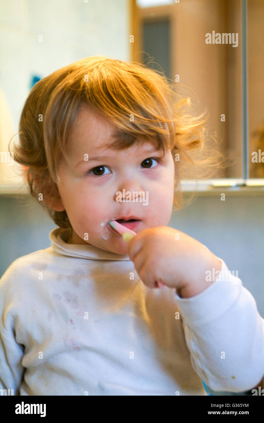 Nine month old baby male cleaning teeth Stock Photo Alamy