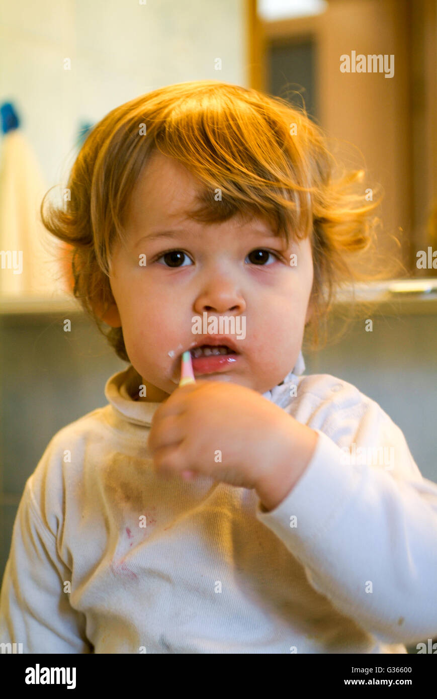 Nine month old baby male cleaning teeth Stock Photo Alamy
