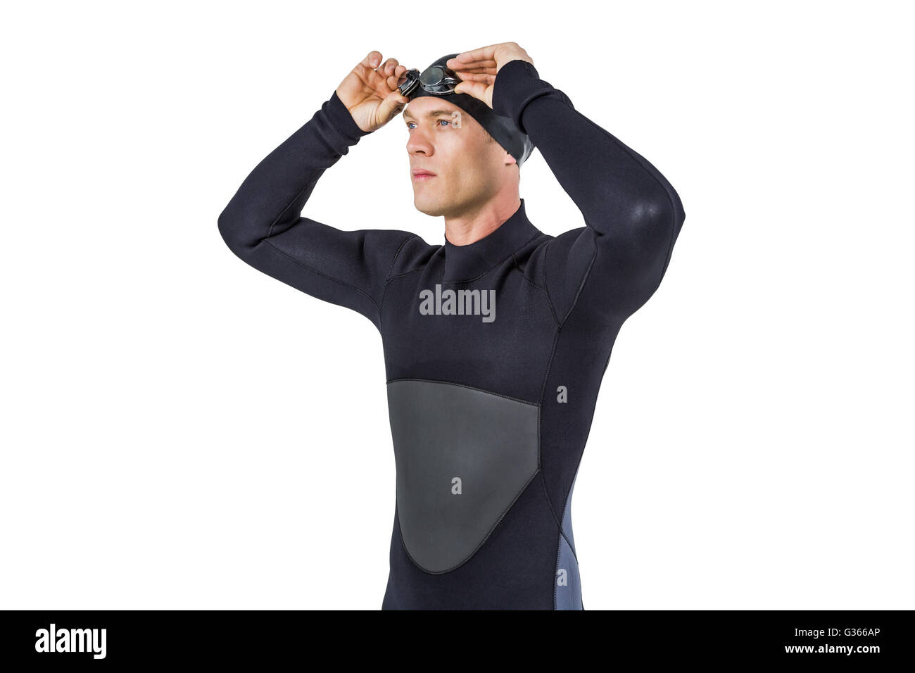 Swimmer in wetsuit wearing swimming goggles Stock Photo