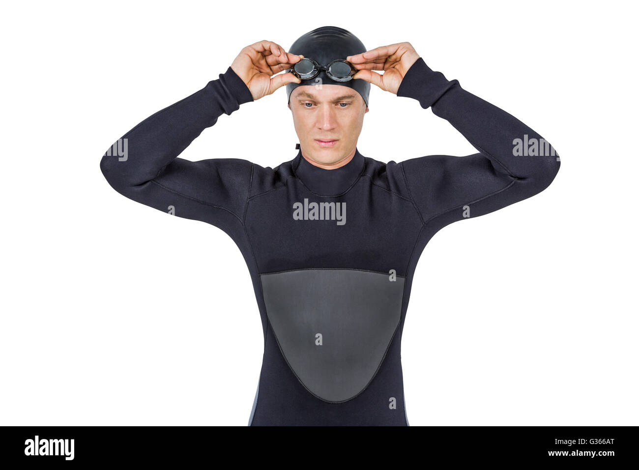 Swimmer in wetsuit wearing swimming goggles Stock Photo
