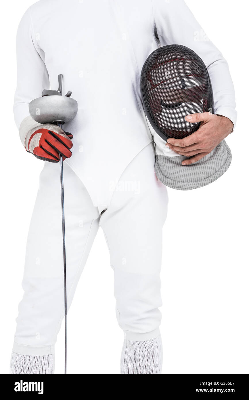 Swordsman holding fencing mask and sword Stock Photo Alamy