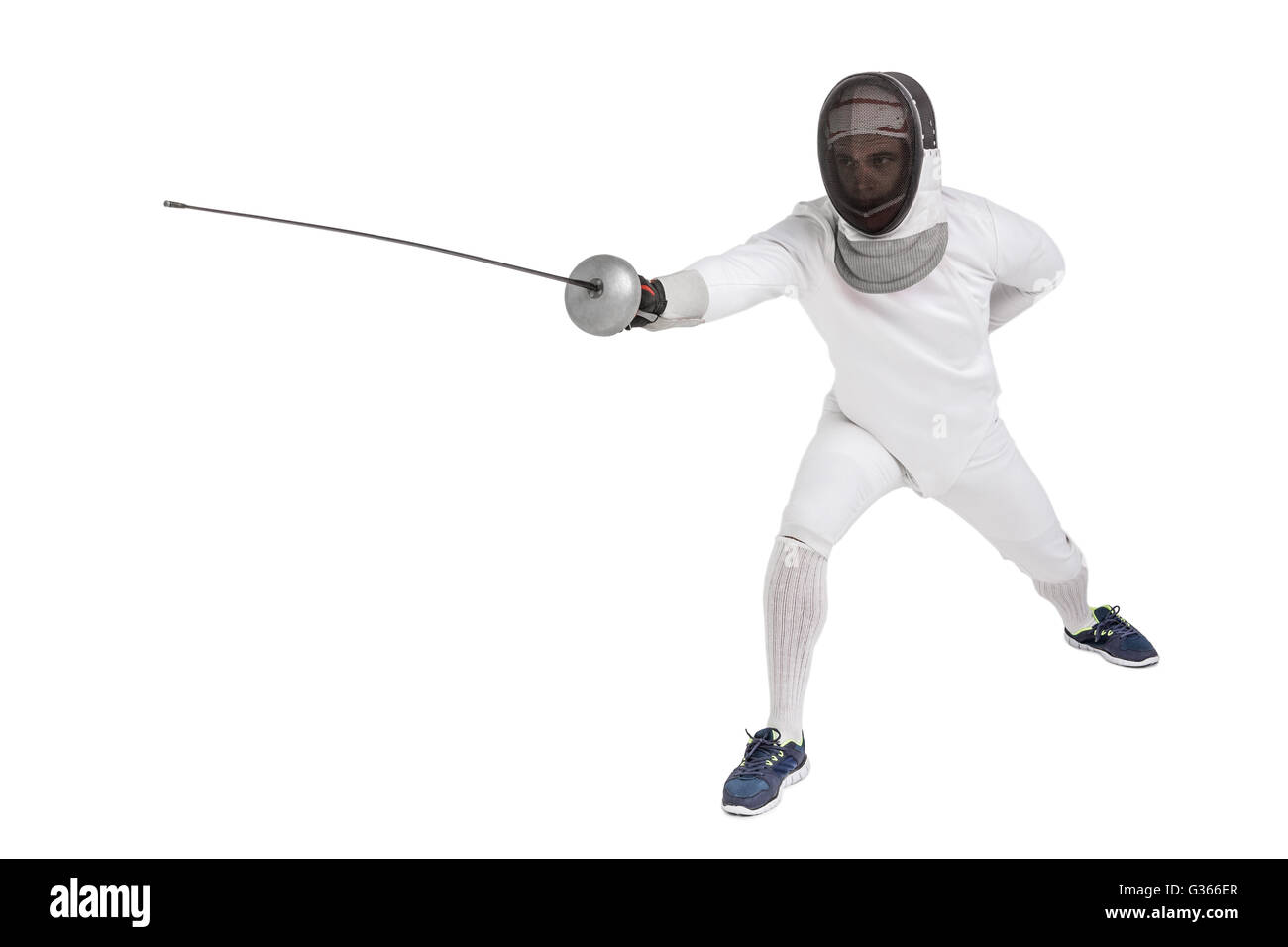 Man wearing fencing suit practicing with sword Stock Photo Alamy