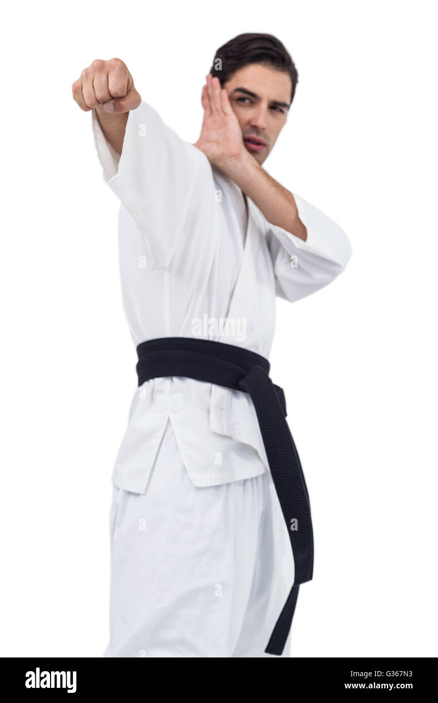 Fighter performing karate stance Stock Photo