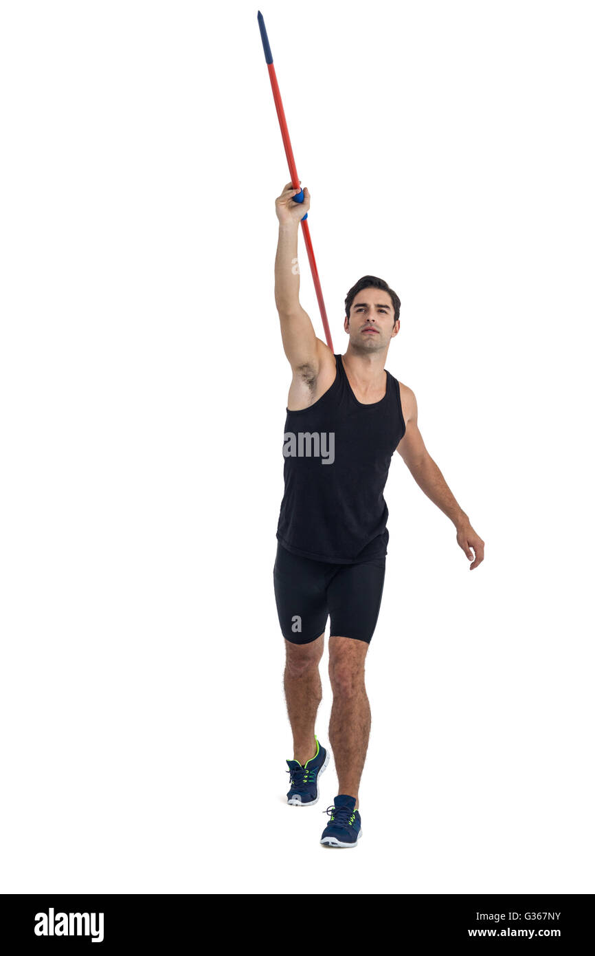 Male athlete preparing to throw javelin Stock Photo