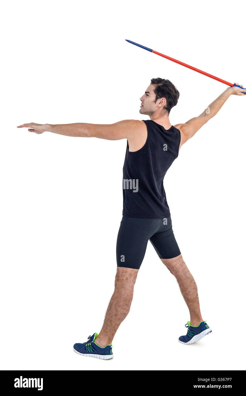 Male athlete preparing to throw javelin Stock Photo