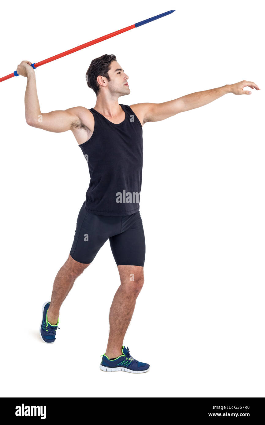 Male athlete preparing to throw javelin Stock Photo