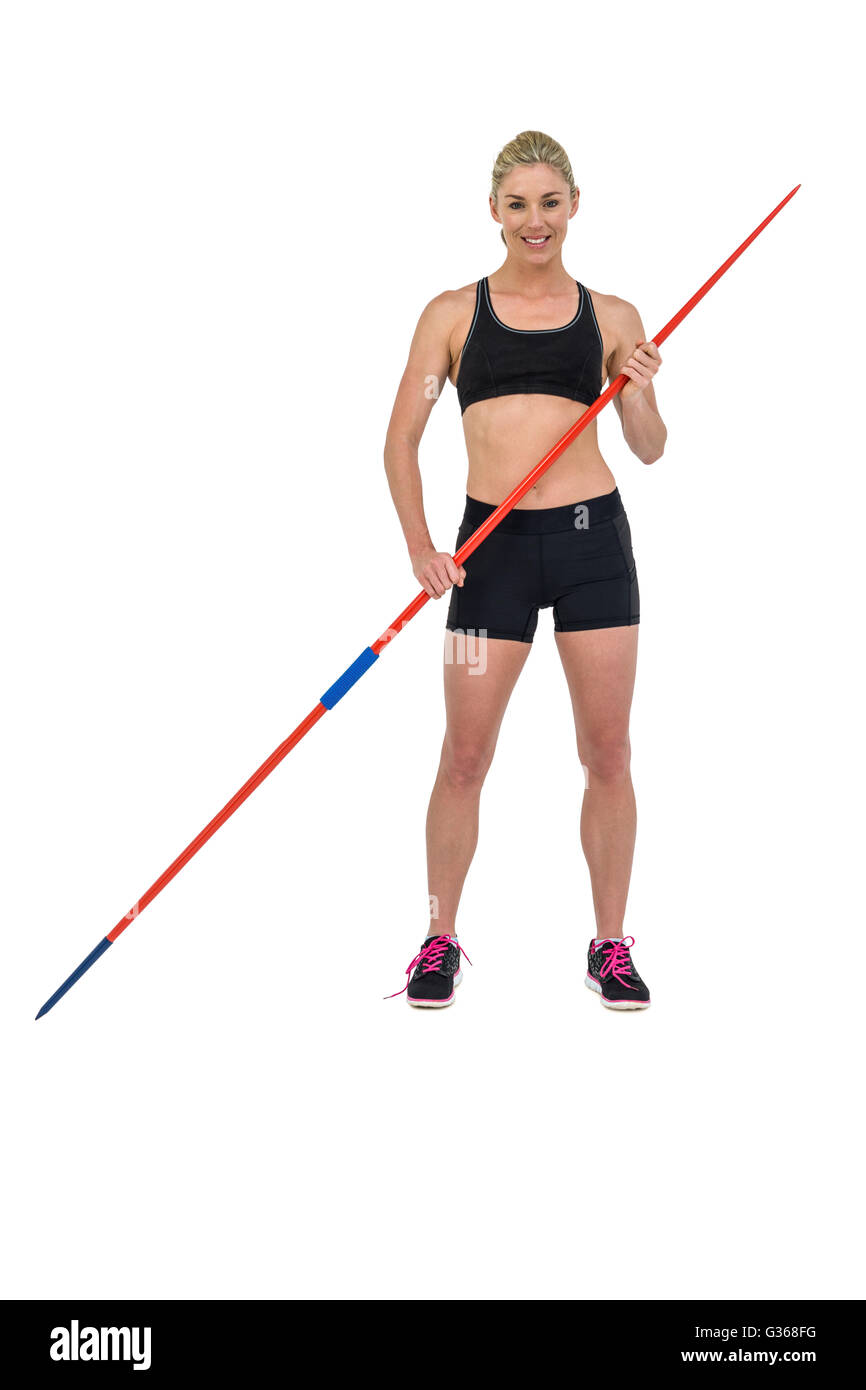 Athlete standing with javelin Stock Photo Alamy