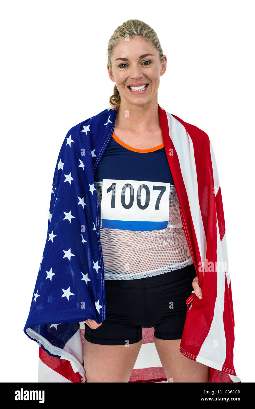 Athlete with american flag wrapped around his body Stock Photo - Alamy