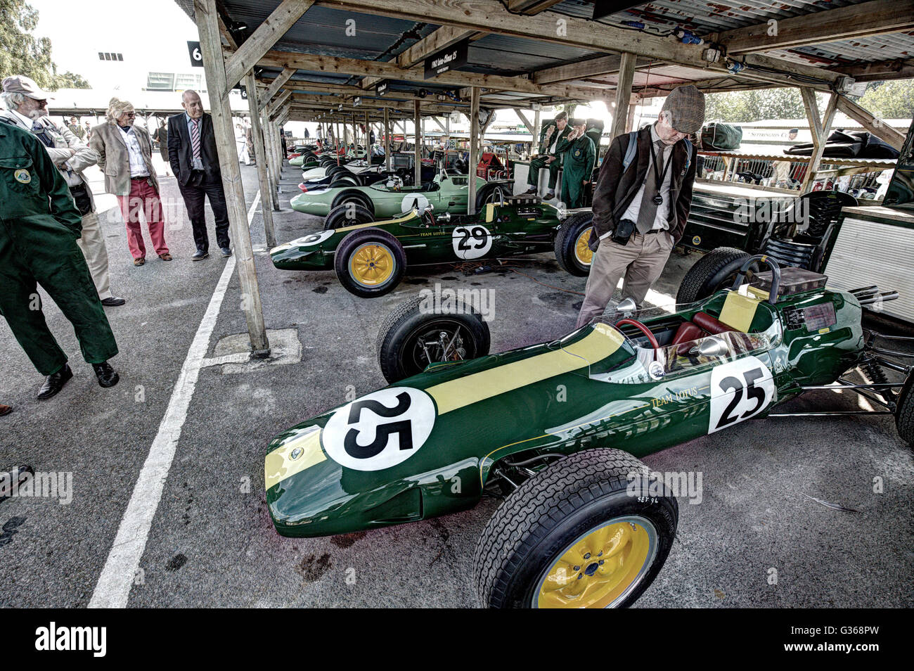Glover Trophy entrants, early 1960's Grand Prix Lotus single-seaters in the paddock at the 2015 Goodwood Revival, Sussex, UK. Stock Photo