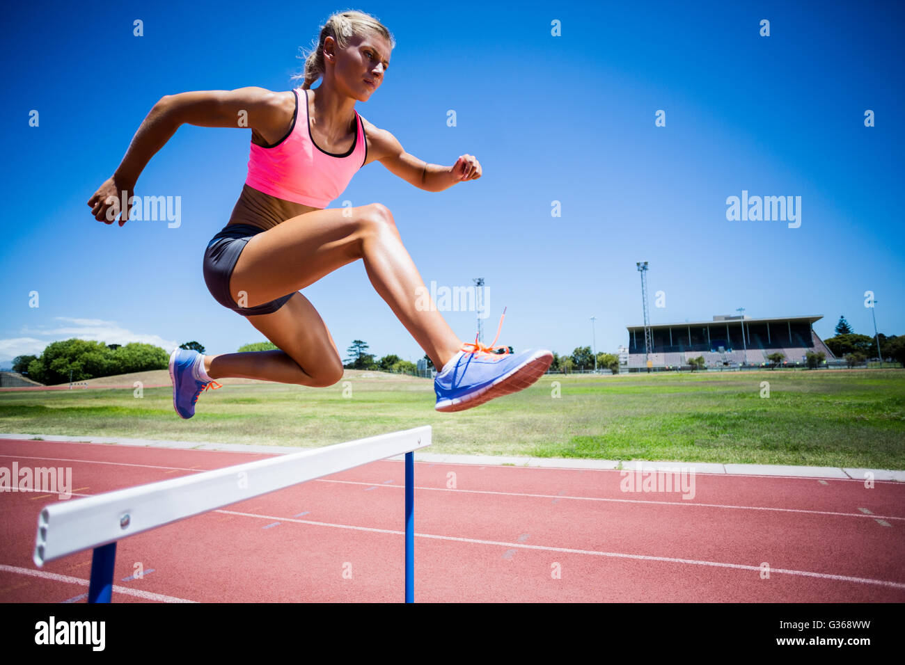 Female athlete jumping above the hurdle Stock Photo Alamy
