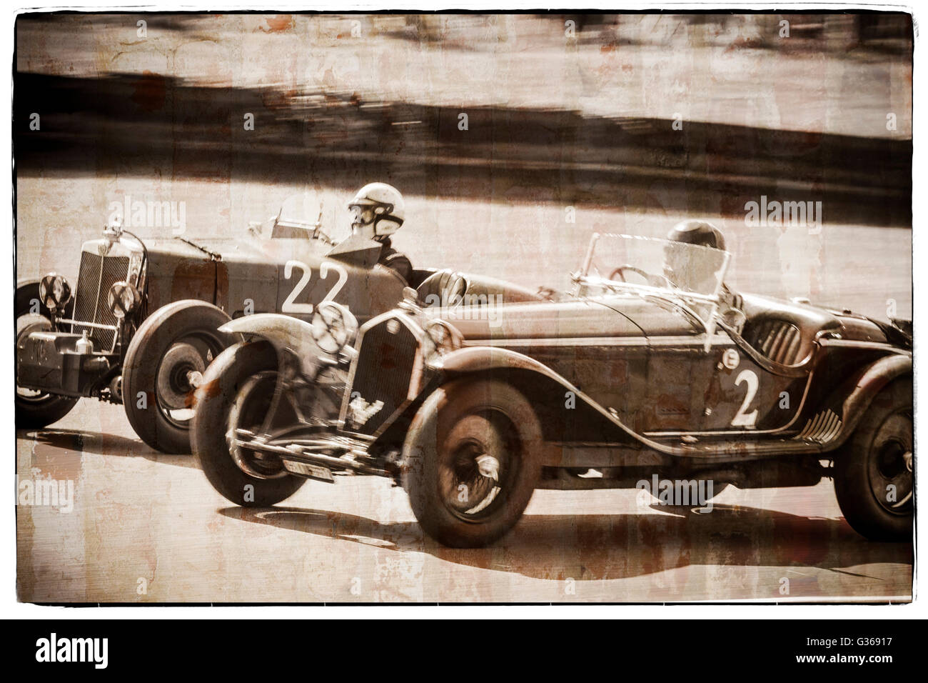 Toned and textured image of 1932 Alfa Romeo 8C 2300MM and 1934 MG ND/ME Magnette, Brooklands Trophy, 2015 Goodwood Revival, UK. Stock Photo