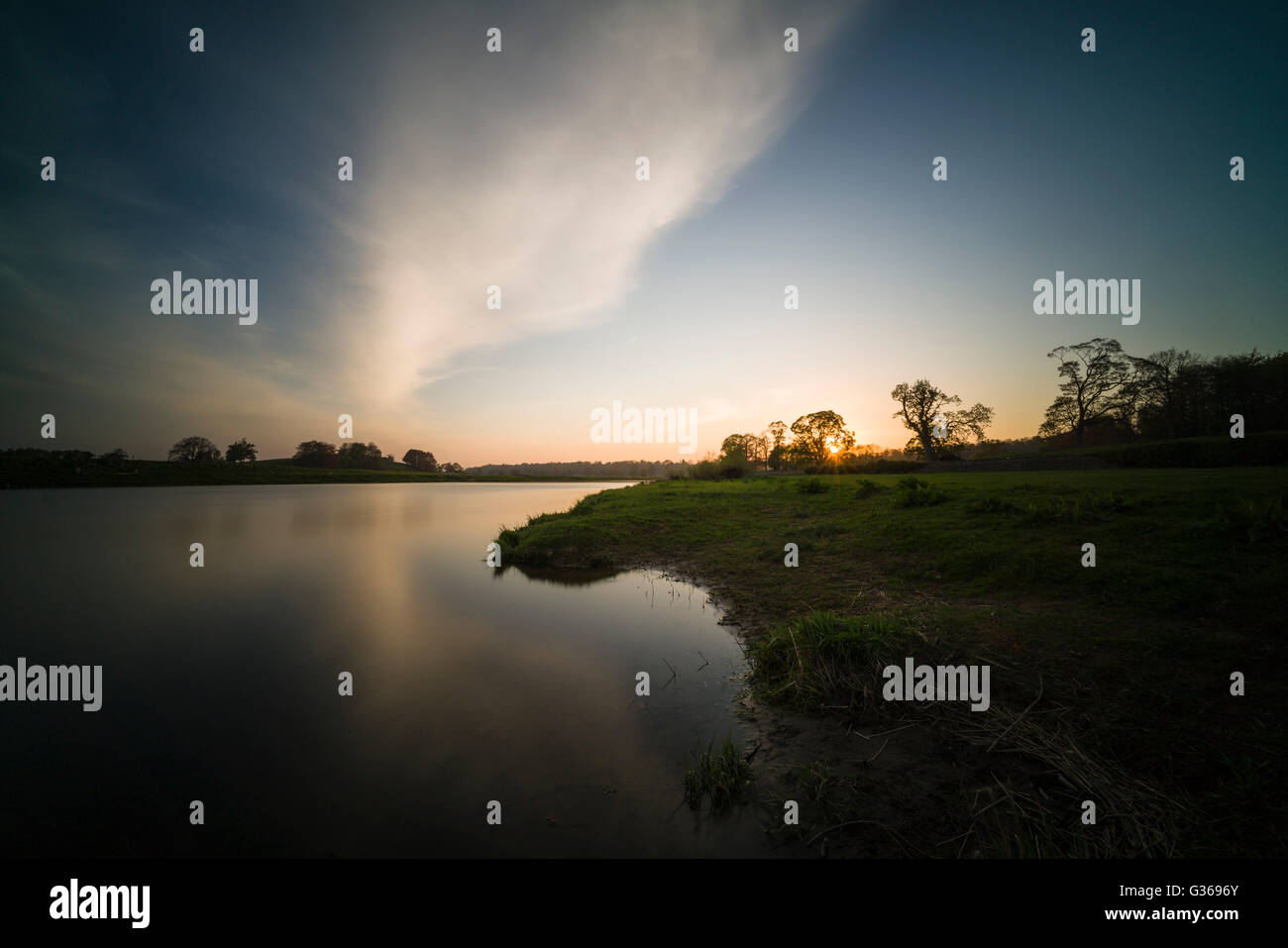 Evening light over the River Tweed at Kelso, Scotland. Stock Photo