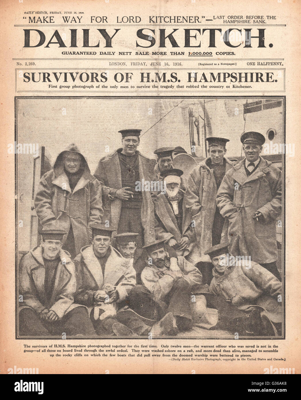 1916 Daily Sketch Survivors of HMS Hampshire Stock Photo
