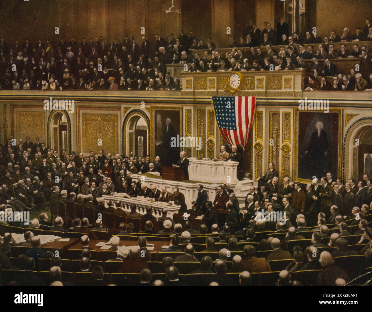 President Woodrow Wilson asking Congress to declare war on Germany. Photo mechanical color print. Stock Photo