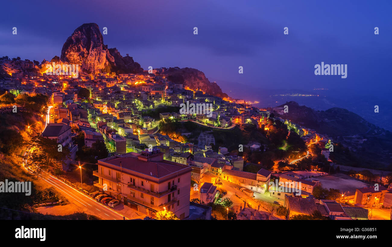 Mountain town Caltabellotta, Sicily, Italy in the sunset Stock Photo