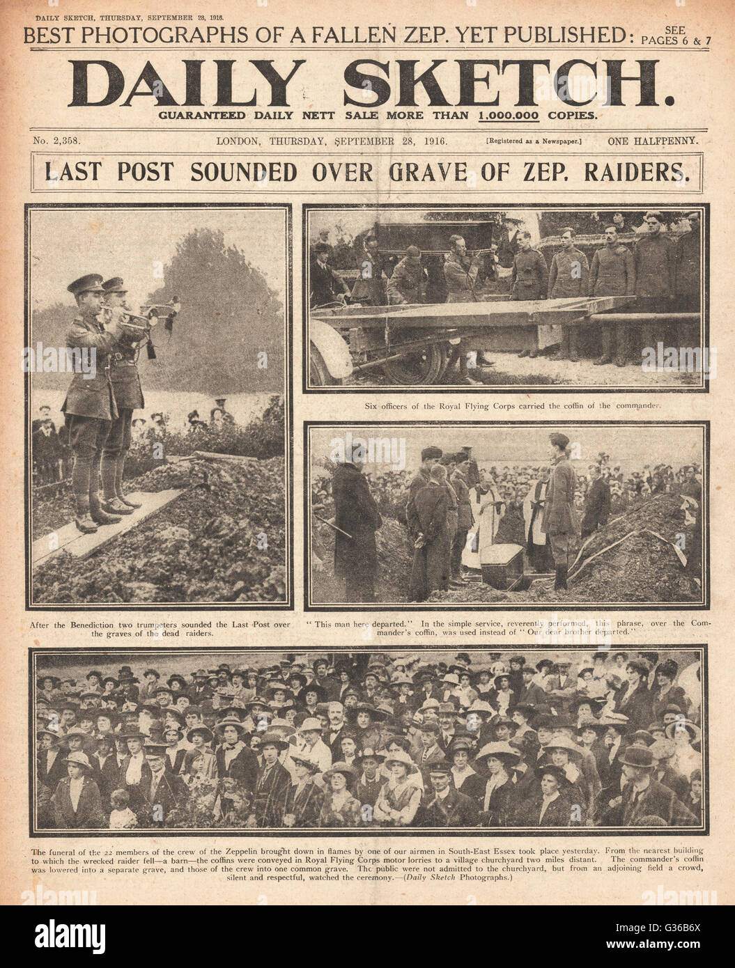 1916 Daily Sketch Funeral of zeppelin crew at Great Burstead Stock Photo