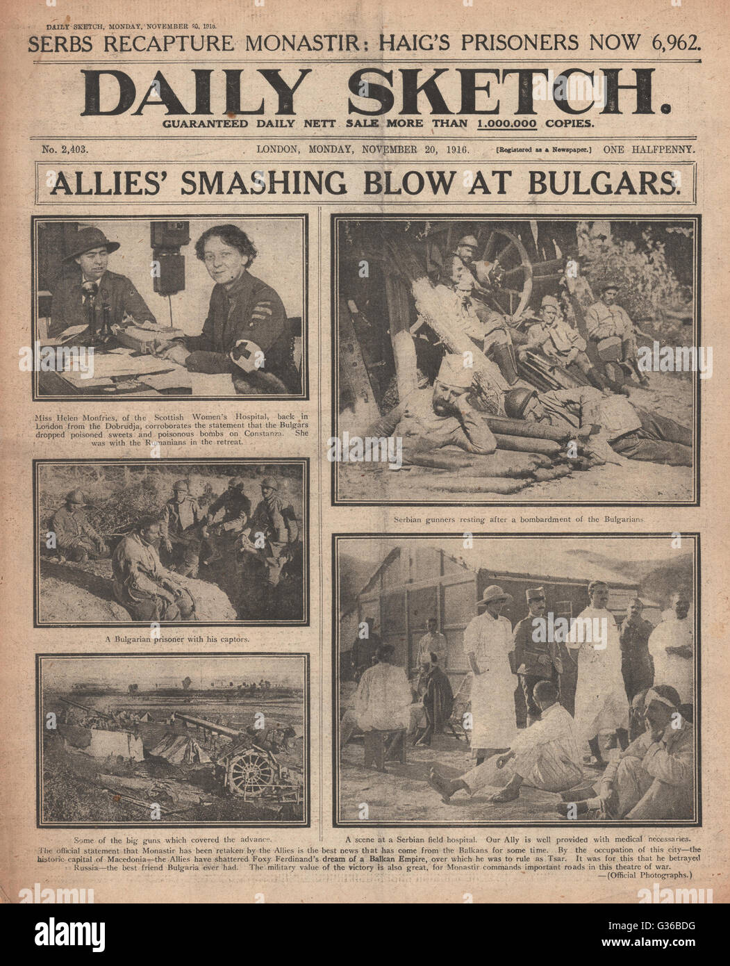 1916 Daily Sketch  Allies retake Monastir from Bulgarian Army Stock Photo
