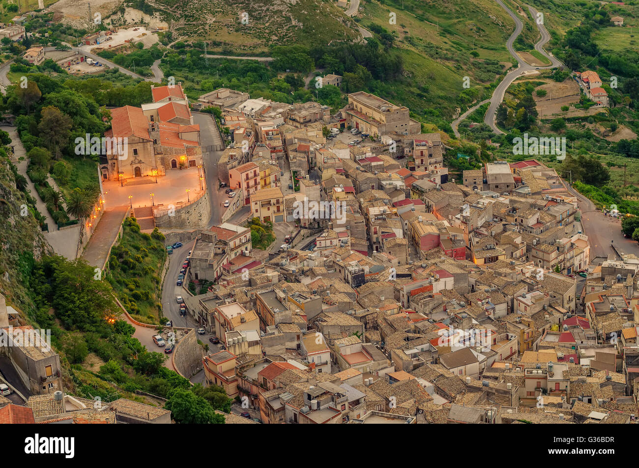 Mountain town Caltabellotta, Sicily, Italy in the sunrise Stock Photo