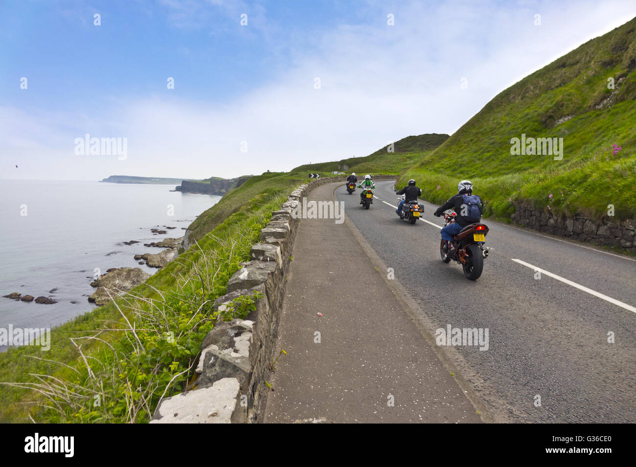 Motorbikes on Antrim coast road at whiterocks A2 Stock Photo