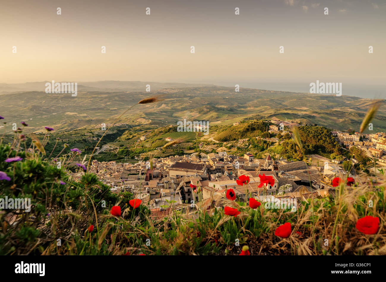 Mountain town Caltabellotta, Sicily, Italy in the sunrise Stock Photo