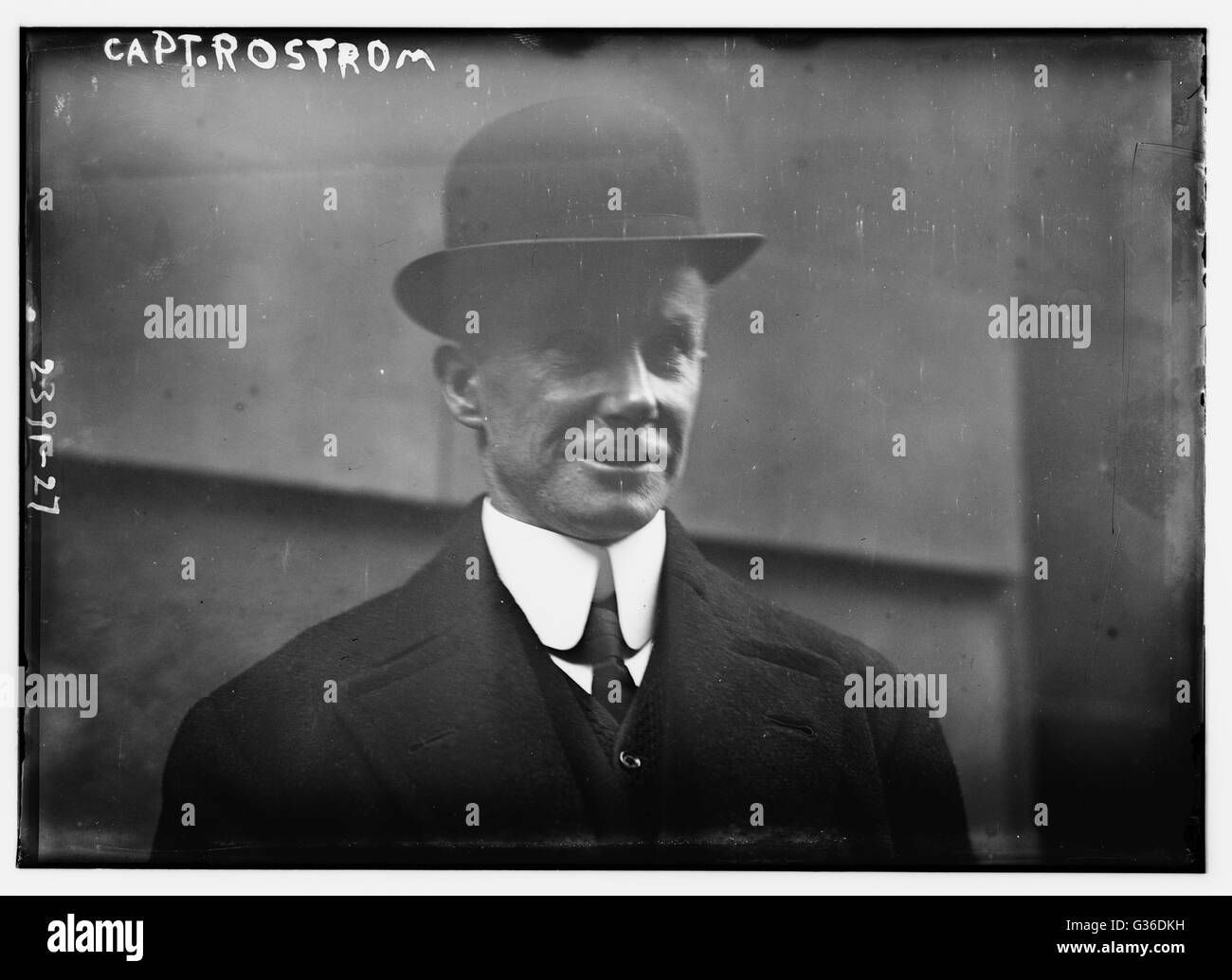 Capt. Arthur Henry Rostron (not Rostrom, as it is spelled on the photo) of the CARPATHIA, the man who rescued the survivors of the TITANIC sinking. This photo was taken following Senate Investigating Committee meetings in Washington, DC. 1912. Stock Photo