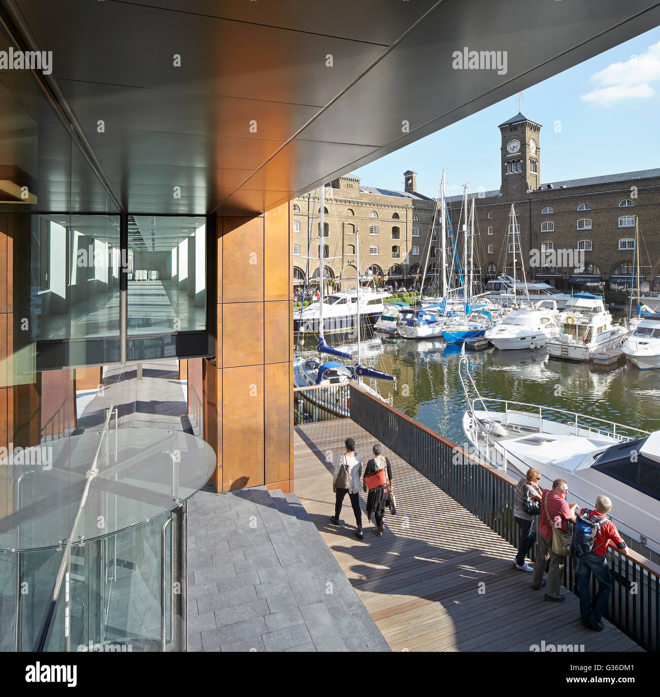 Detail of entrance portal with marina. Commodity Quay, London, United Kingdom. Architect: BuckleyGrayYeoman, 2014. Stock Photo