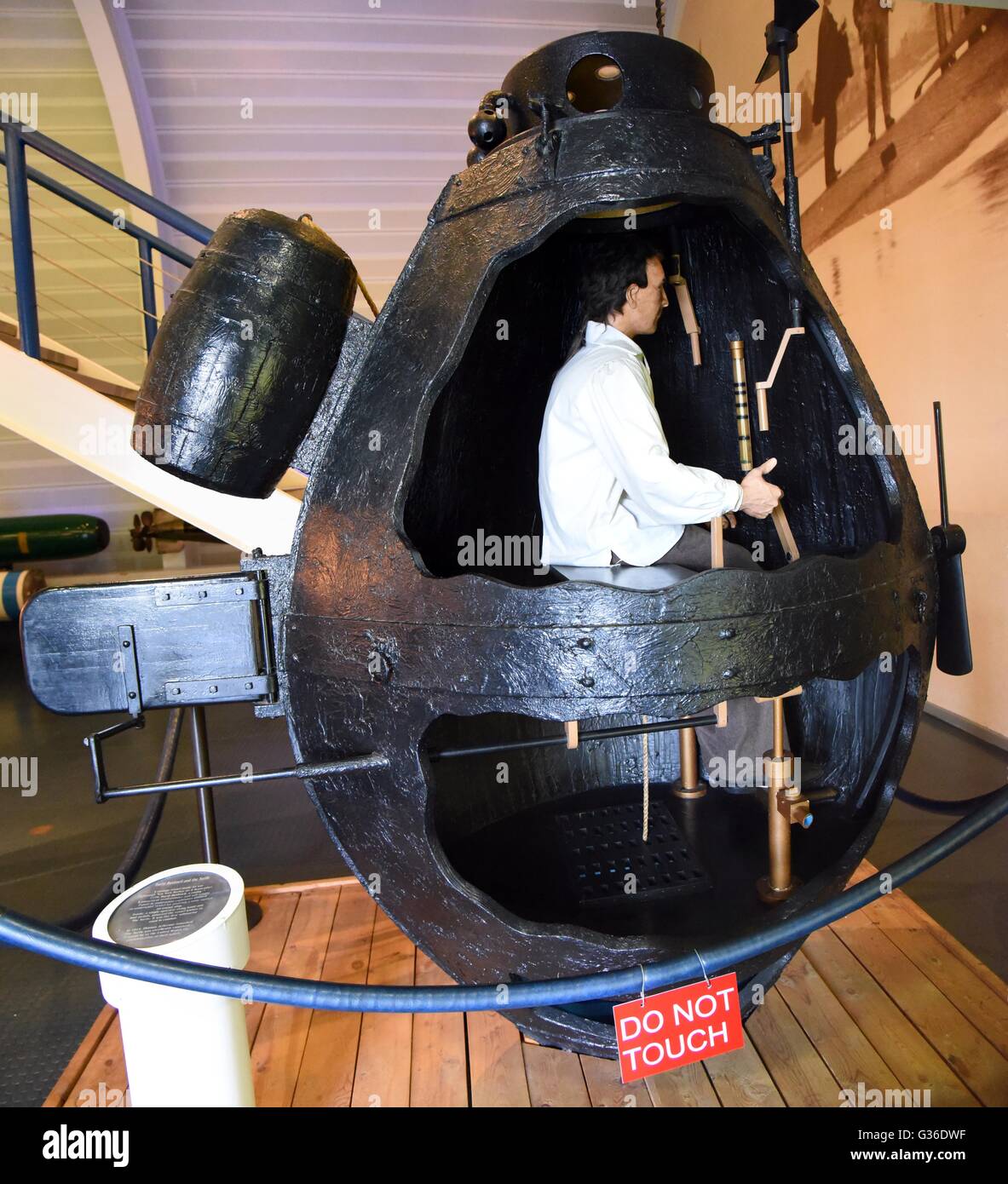 USA US Navy The Submarine Force Museum, Thames River in Groton, Connecticut Turtle first submarine used to attack British in Revolutionary War. Stock Photo