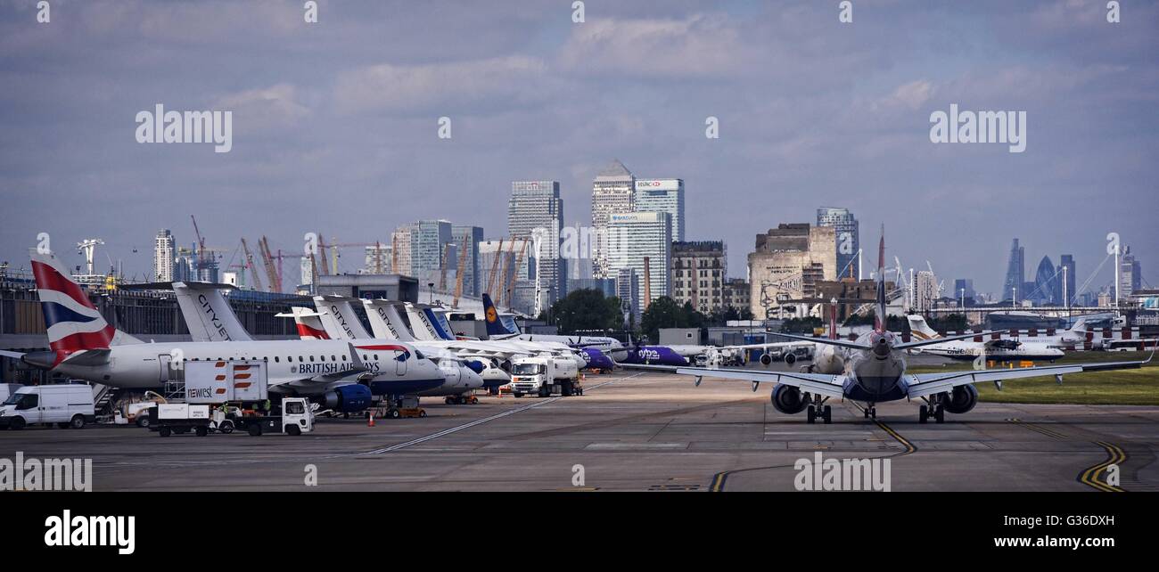 London England United Kingdom London City Airport LCY Docklands, Canary Wharf, River Thames, East End. Stock Photo