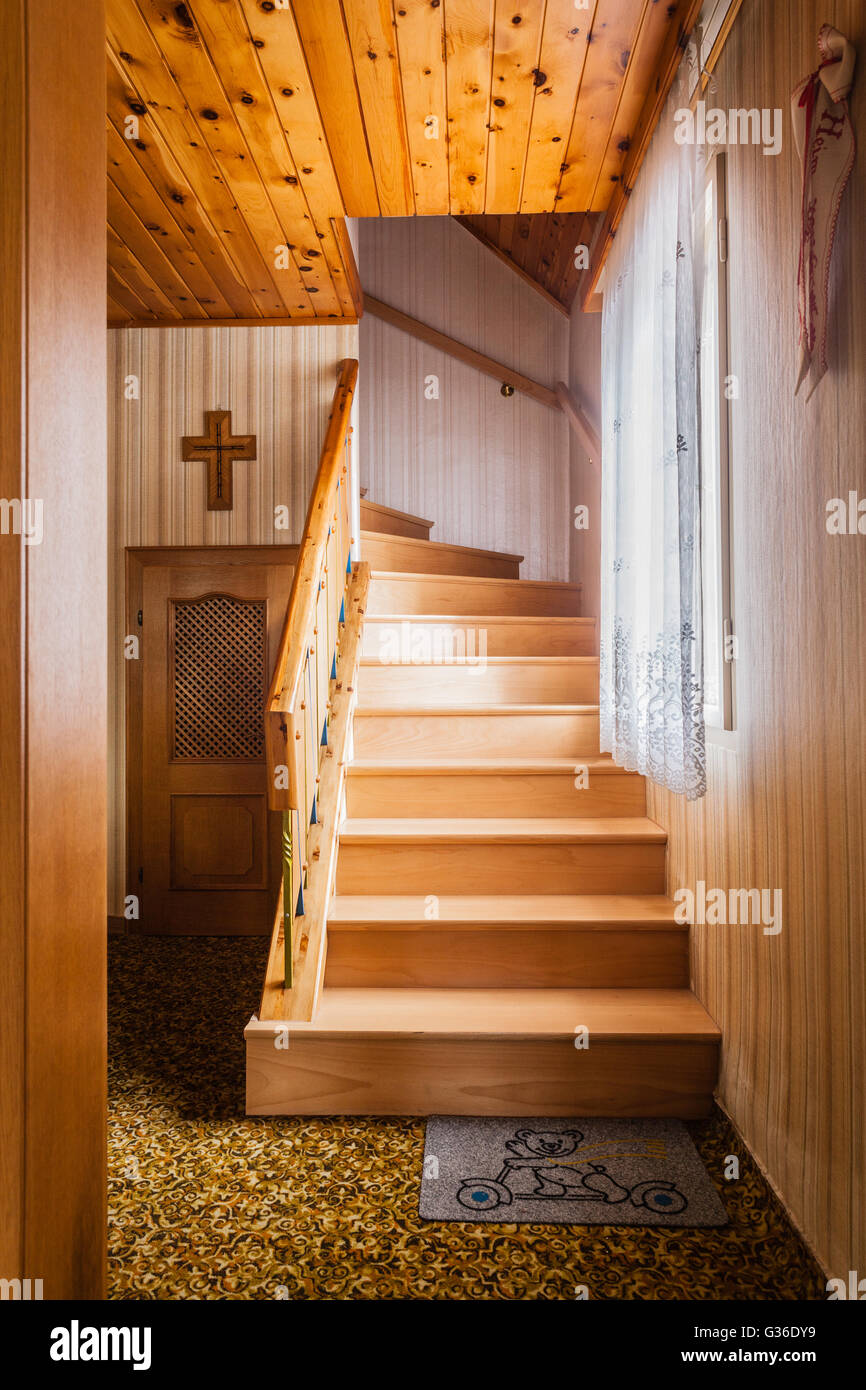 wooden interior staircase of a chalet or cottage in austria Stock Photo